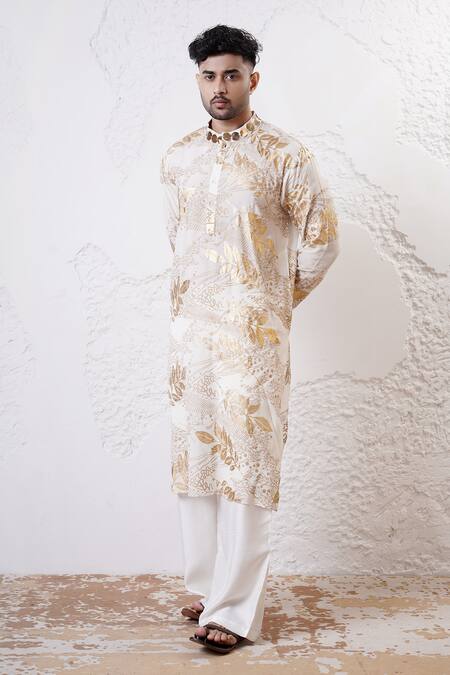 Shop_Shwetanga_Ivory Organza, Viscose Sequins Foil Print Kurta And Pant Set _Online_at_Aza_Fashions