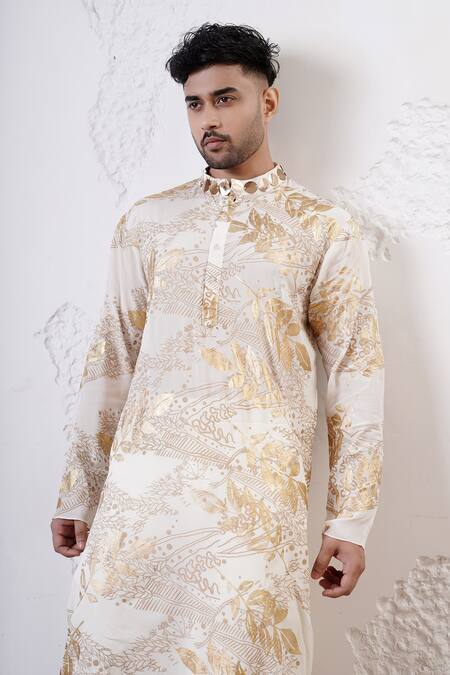 Shwetanga_Ivory Organza, Viscose Sequins Foil Print Kurta And Pant Set _at_Aza_Fashions