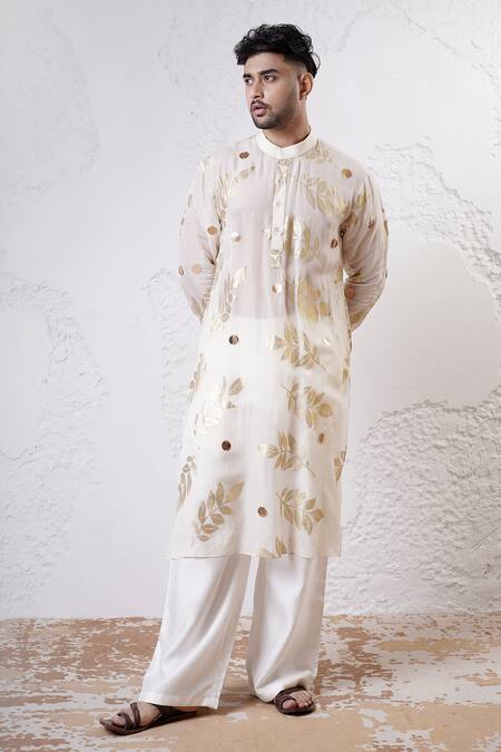 Shwetanga_Ivory Organza, Viscose, Linen Sequins, Foil Printing Work Kurta And Pant Set _Online_at_Aza_Fashions