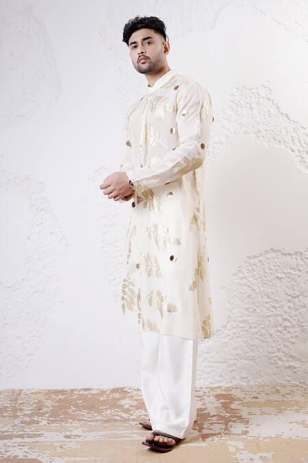 Buy_Shwetanga_Ivory Organza, Viscose, Linen Sequins, Foil Printing Work Kurta And Pant Set _Online_at_Aza_Fashions
