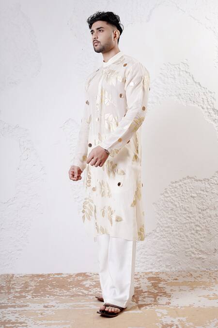 Shop_Shwetanga_Ivory Organza, Viscose, Linen Sequins, Foil Printing Work Kurta And Pant Set _Online_at_Aza_Fashions