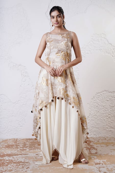 Shwetanga Ivory Organza Foil Printed Sequin Round Embroidered Tunic And Sharara Set 