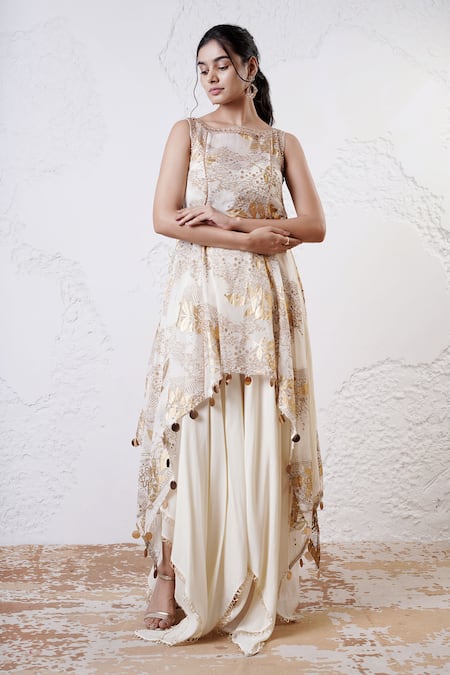 Buy_Shwetanga_Ivory Organza, Crepe Sequins, Foil Printing Embroidered Tunic And Sharara Set _Online_at_Aza_Fashions