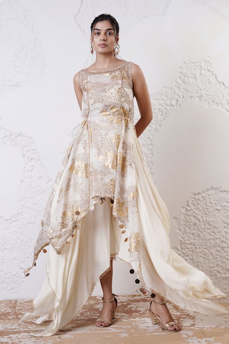 Shop_Shwetanga_Ivory Organza, Crepe Sequins, Foil Printing Embroidered Tunic And Sharara Set _Online_at_Aza_Fashions