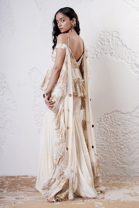 Shwetanga Foil Print Sequin Embroidered Peplum Top & Sharara Set 