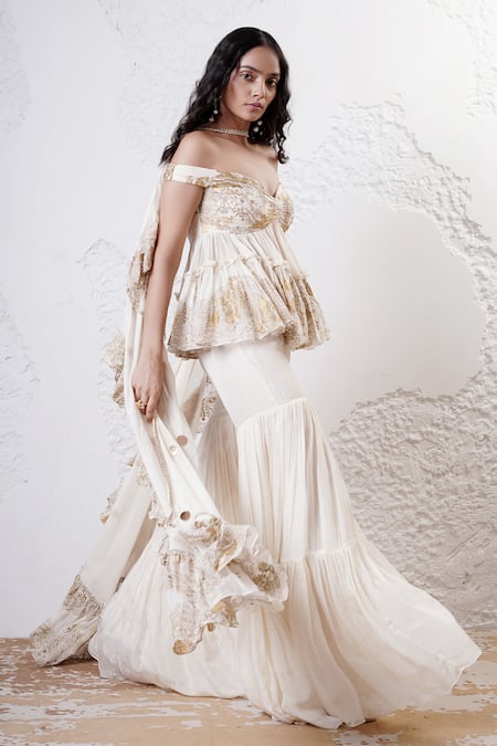 Buy_Shwetanga_Ivory Organza Foil Printing, Sequins Embroidered Peplum Top And Sharara Set _Online_at_Aza_Fashions