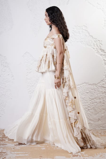 Shop_Shwetanga_Ivory Organza Foil Printing, Sequins Embroidered Peplum Top And Sharara Set _Online_at_Aza_Fashions
