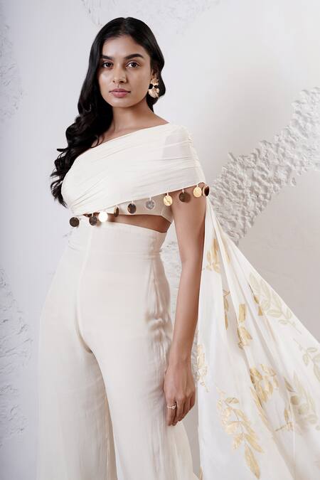 Shwetanga_Ivory Organza Foil Printed Sequin One-shoulder Draped Jumpsuit _at_Aza_Fashions