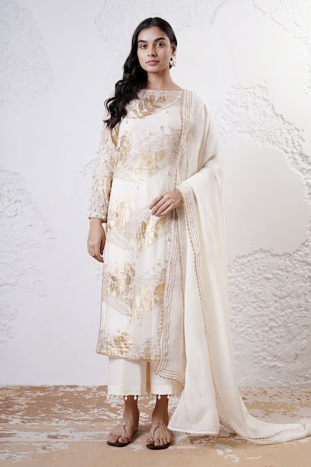 Buy_Shwetanga_Ivory Organza, Crepe Sequins, Foil Printing Round Neck Kurta Pant Set _Online_at_Aza_Fashions