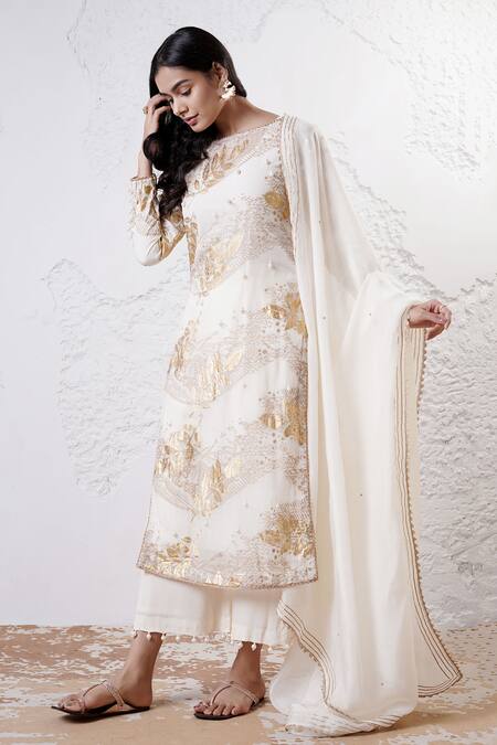 Shop_Shwetanga_Ivory Organza, Crepe Sequins, Foil Printing Round Neck Kurta Pant Set _Online_at_Aza_Fashions