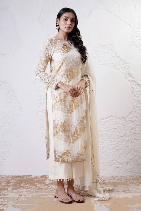 Shwetanga_Ivory Organza, Crepe Sequins, Foil Printing Round Neck Kurta Pant Set _at_Aza_Fashions