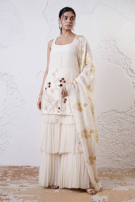 Buy Shwetanga Ivory Organza, Crepe, Tulle Sequins, Foil Printing, Embroidery Kurta Sharara Set Online at Aza Fashions Buy_Shwetanga_Ivory Organza, Crepe, Tulle Sequins, Foil Printing, Embroidery Kurta Sharara Set _Online_at_Aza_Fashions