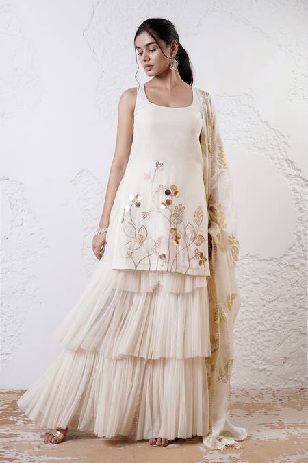 Shop Shwetanga Ivory Organza, Crepe, Tulle Sequins, Foil Printing, Embroidery Kurta Sharara Set Online at Aza Fashions Shop_Shwetanga_Ivory Organza, Crepe, Tulle Sequins, Foil Printing, Embroidery Kurta Sharara Set _Online_at_Aza_Fashions