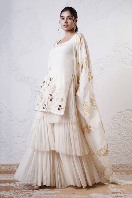 Shwetanga Ivory Organza, Crepe, Tulle Sequins, Foil Printing, Embroidery Kurta Sharara Set at Aza Fashions Shwetanga_Ivory Organza, Crepe, Tulle Sequins, Foil Printing, Embroidery Kurta Sharara Set _at_Aza_Fashions