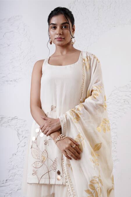 Buy Shwetanga Ivory Organza, Crepe, Tulle Sequins, Foil Printing, Embroidery Kurta Sharara Set Buy_Shwetanga_Ivory Organza, Crepe, Tulle Sequins, Foil Printing, Embroidery Kurta Sharara Set