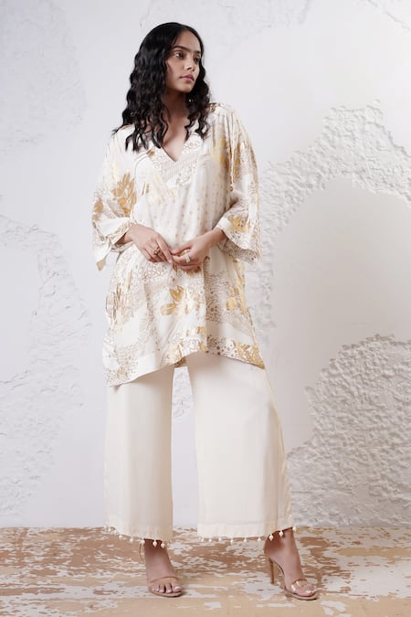 Shwetanga_Ivory Crepe Sequins, Beads V-neck Foil Print Kaftan And Pant Set _Online_at_Aza_Fashions