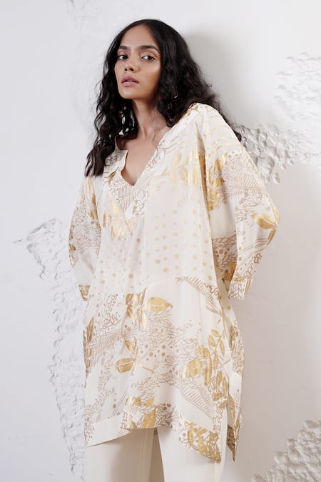 Shop_Shwetanga_Ivory Crepe Sequins, Beads V-neck Foil Print Kaftan And Pant Set _Online_at_Aza_Fashions
