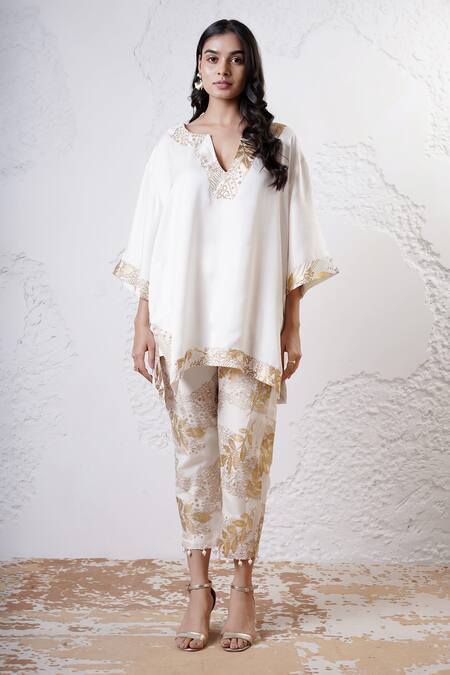 Shwetanga_Ivory Crepe, Viscose, Linen Foil Printing Split V-neck Kaftan Kurta And Pant Set _Online_at_Aza_Fashions