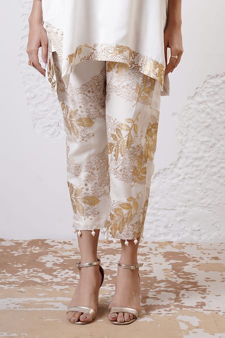 Buy_Shwetanga_Ivory Crepe, Viscose, Linen Foil Printing Split V-neck Kaftan Kurta And Pant Set _Online_at_Aza_Fashions