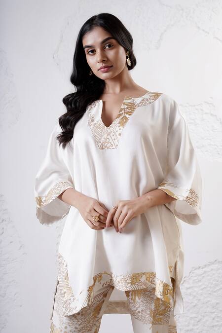 Shop_Shwetanga_Ivory Crepe, Viscose, Linen Foil Printing Split V-neck Kaftan Kurta And Pant Set _Online_at_Aza_Fashions