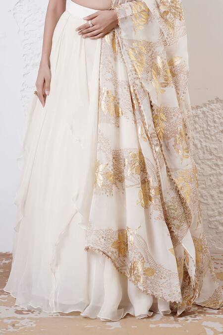 Shwetanga_Ivory Organza Sequins, Beads, Foil Printing Ruffle Layered Lehenga Set _at_Aza_Fashions