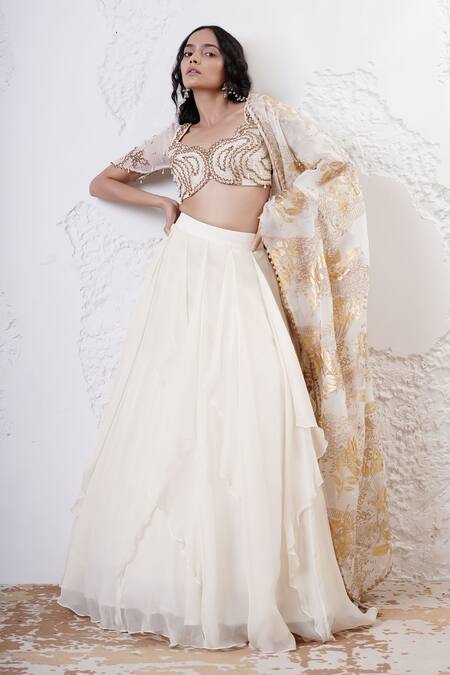 Shop_Shwetanga_Ivory Organza Sequins, Beads, Foil Printing Ruffle Layered Lehenga Set 