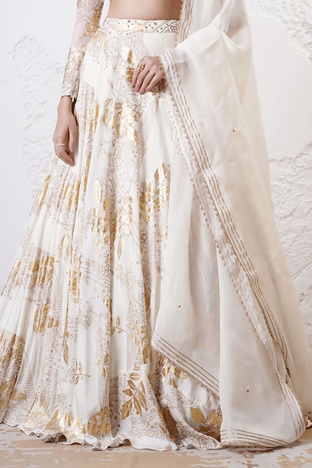 Buy_Shwetanga_Ivory Organza, Crepe Sequins, Gota Patti, Beads Foil Print Circular Lehenga Set _Online_at_Aza_Fashions