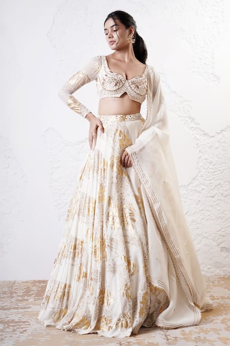 Shop_Shwetanga_Ivory Organza, Crepe Sequins, Gota Patti, Beads Foil Print Circular Lehenga Set _Online_at_Aza_Fashions