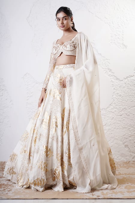 Shwetanga_Ivory Organza, Crepe Sequins, Gota Patti, Beads Foil Print Circular Lehenga Set _at_Aza_Fashions