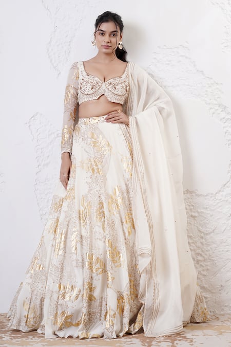 Buy_Shwetanga_Ivory Organza, Crepe Sequins, Gota Patti, Beads Foil Print Circular Lehenga Set 