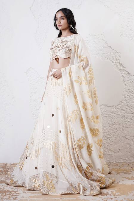 Shop_Shwetanga_Ivory Organza Sequins, Beads, Foil Printing Boat Neck Scarf Lehenga Set _Online_at_Aza_Fashions