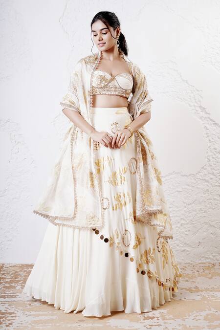 Shwetanga_Ivory Organza, Crepe Sequins, Foil Printing Sweetheart Neck Lehenga Set _Online_at_Aza_Fashions