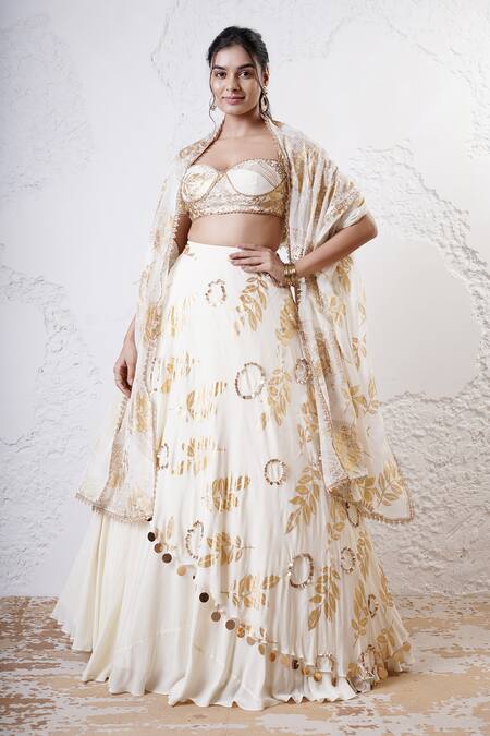 Buy_Shwetanga_Ivory Organza, Crepe Sequins, Foil Printing Sweetheart Neck Lehenga Set _Online_at_Aza_Fashions