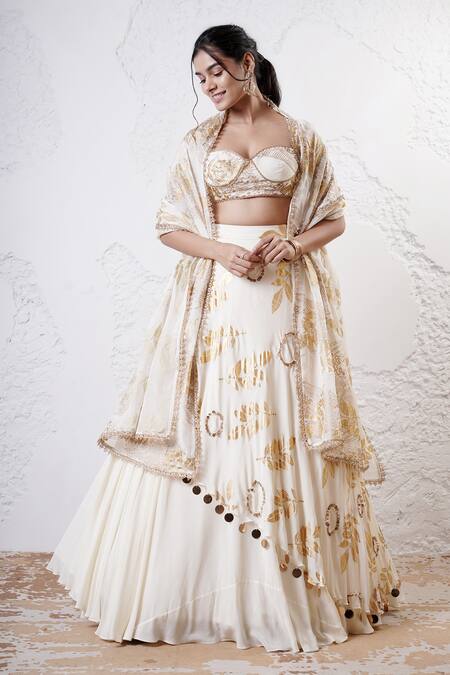 Shop_Shwetanga_Ivory Organza, Crepe Sequins, Foil Printing Sweetheart Neck Lehenga Set _Online_at_Aza_Fashions
