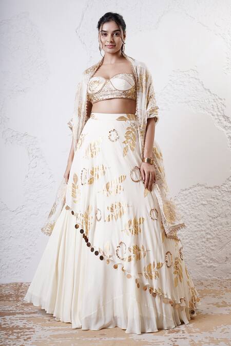 Buy_Shwetanga_Ivory Organza, Crepe Sequins, Foil Printing Sweetheart Neck Lehenga Set 