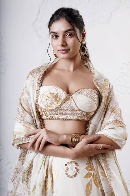 Shop_Shwetanga_Ivory Organza, Crepe Sequins, Foil Printing Sweetheart Neck Lehenga Set 