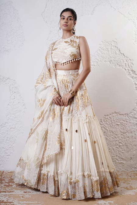 Buy Shwetanga Ivory Crepe, Organza Sequins, Beads Round Neck Foil Print Lehenga Set Online at Aza Fashions Buy_Shwetanga_Ivory Crepe, Organza Sequins, Beads Round Neck Foil Print Lehenga Set _Online_at_Aza_Fashions