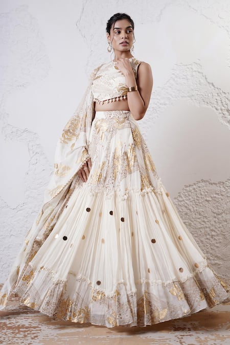 Shop Shwetanga Ivory Crepe, Organza Sequins, Beads Round Neck Foil Print Lehenga Set Online at Aza Fashions Shop_Shwetanga_Ivory Crepe, Organza Sequins, Beads Round Neck Foil Print Lehenga Set _Online_at_Aza_Fashions