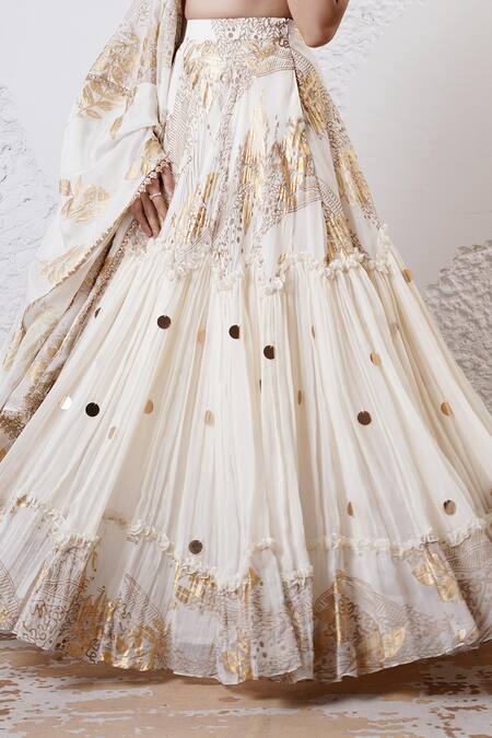 Shwetanga Ivory Crepe, Organza Sequins, Beads Round Neck Foil Print Lehenga Set at Aza Fashions Shwetanga_Ivory Crepe, Organza Sequins, Beads Round Neck Foil Print Lehenga Set _at_Aza_Fashions