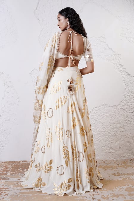 Shwetanga Foil Print Leaf Embroidered Lehenga Set 