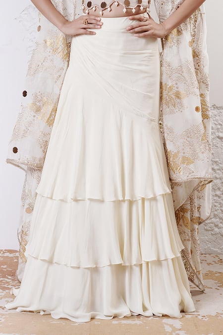 Buy_Shwetanga_Ivory Organza, Crepe Foil Printing, Beads Sweetheart Cape Layered Lehenga Set _Online_at_Aza_Fashions