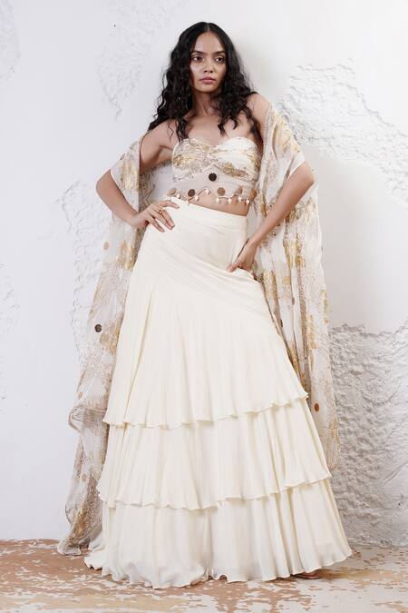 Shwetanga_Ivory Organza, Crepe Foil Printing, Beads Sweetheart Cape Layered Lehenga Set _at_Aza_Fashions
