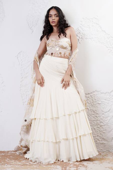 Buy_Shwetanga_Ivory Organza, Crepe Foil Printing, Beads Sweetheart Cape Layered Lehenga Set 