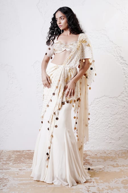 Shwetanga_Ivory Organza, Crepe Sequins Sweetheart Foil Print Pre-draped Saree With Blouse _Online_at_Aza_Fashions