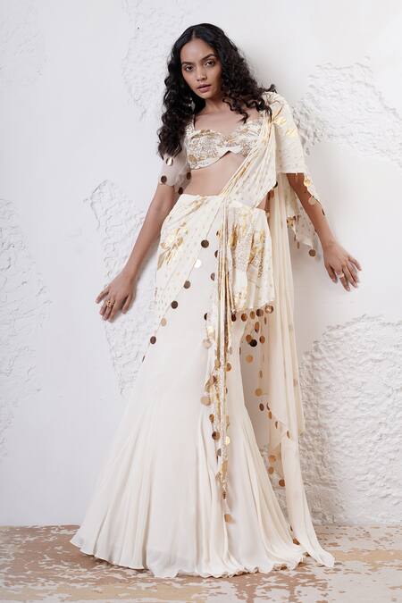 Buy_Shwetanga_Ivory Organza, Crepe Sequins Sweetheart Foil Print Pre-draped Saree With Blouse 