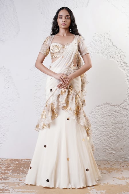 Shwetanga Ivory Organza Foil Printed Sequin Sweetheart Pre-draped Saree With Blouse 