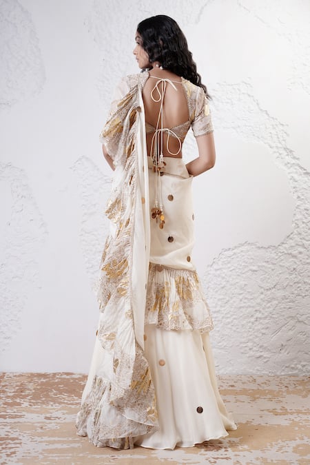 Shwetanga Foil Print Pre-Draped Saree With Blouse 