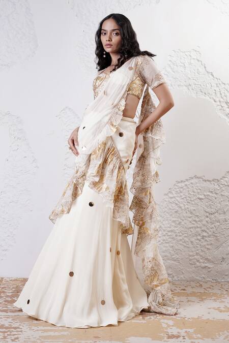 Shop_Shwetanga_Ivory Organza, Crepe Sequins, Foil Printing Pre-draped Saree With Blouse _Online_at_Aza_Fashions