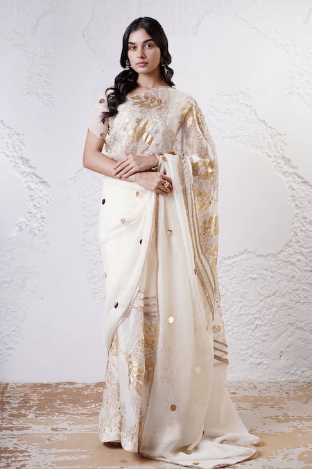 Shwetanga Foil Print Patchwork Saree With Blouse 