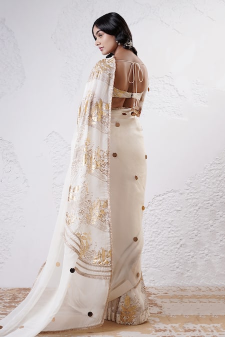 Shwetanga Foil Print Patchwork Saree With Blouse 